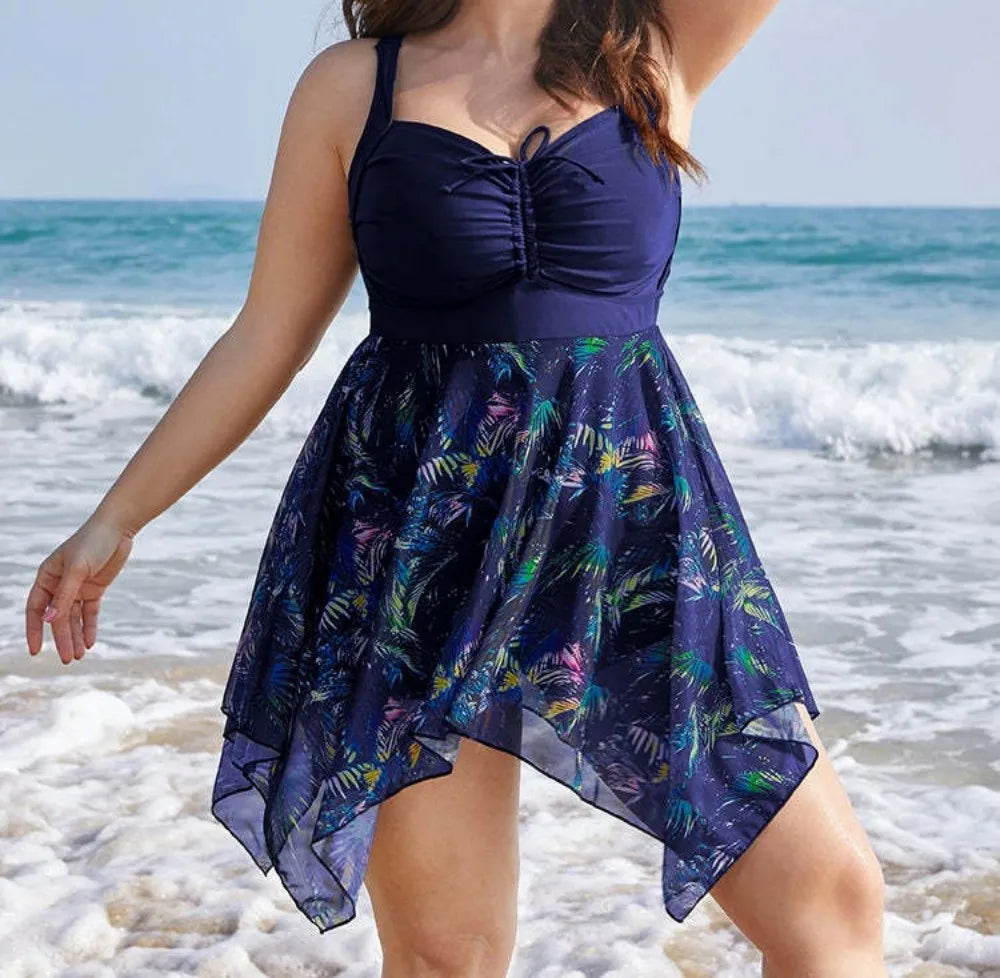 Women's Plus Size One-Piece Swimdress – Tummy Control Skirtini Swimsuit with Printed Cover-Up, Elegant Beachwear Bathing Suit