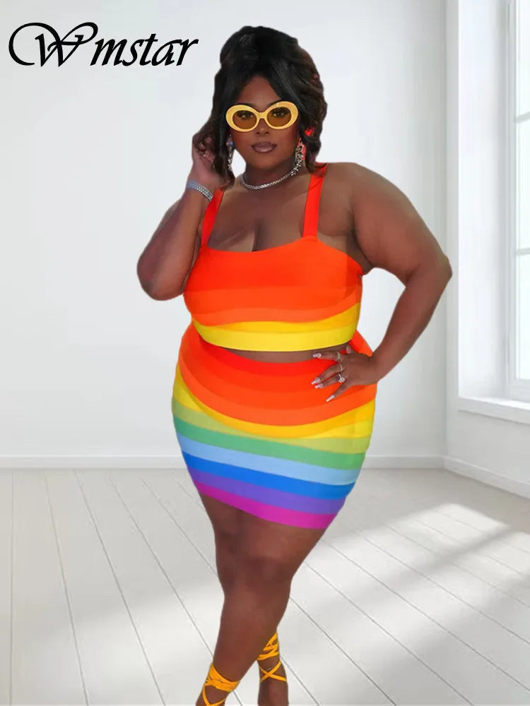 Wmstar Plus-Size Women’s Dress Set – Two-Piece Striped Vest Top & Skirt Summer Outfit for Wholesale & Dropshipping